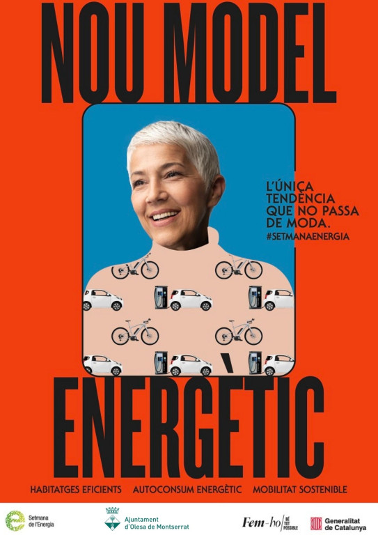 Cartell Nou Model energètic, noia amb samarreta transports eficients