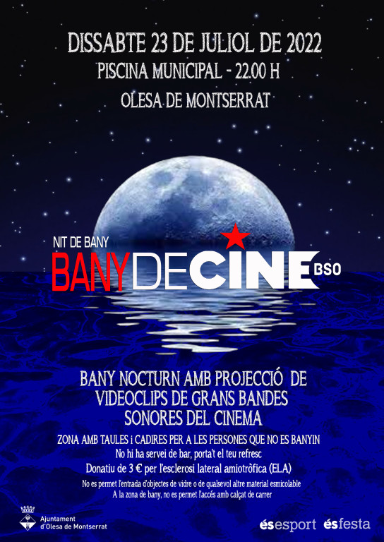 Cartell d'una lluna entrant en l'aigua amb informació sobre el Bany Nocturn a la Piscina municipal