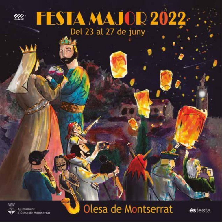 Cartell de Festa Major dibuixat amb els Gegants brindant, els fanalets, els diablots, gent tocant música i families veient els fanalets.