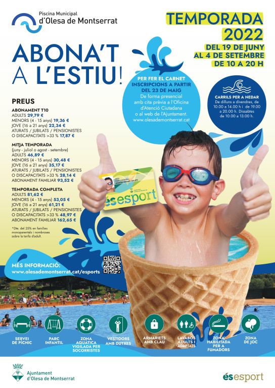 Cartell temporada 22 de piscina d'estiu amb un nen amb ulleres de piscina i carnet de soci sortint d'un cucurutxo