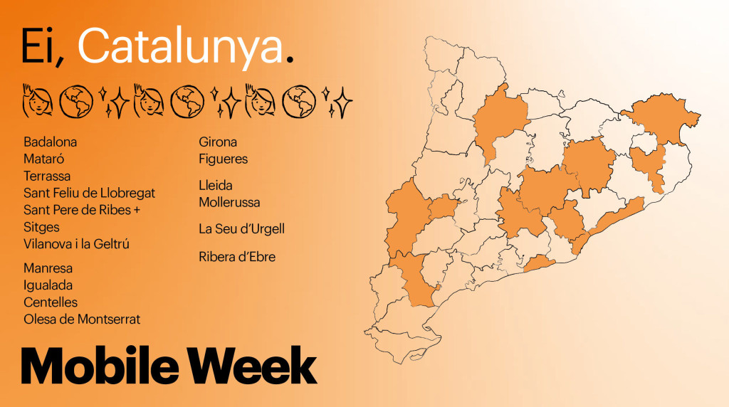 Cartell del Mobile Week amb un mapa de catalunya i assenyalats els municipis que hi participen