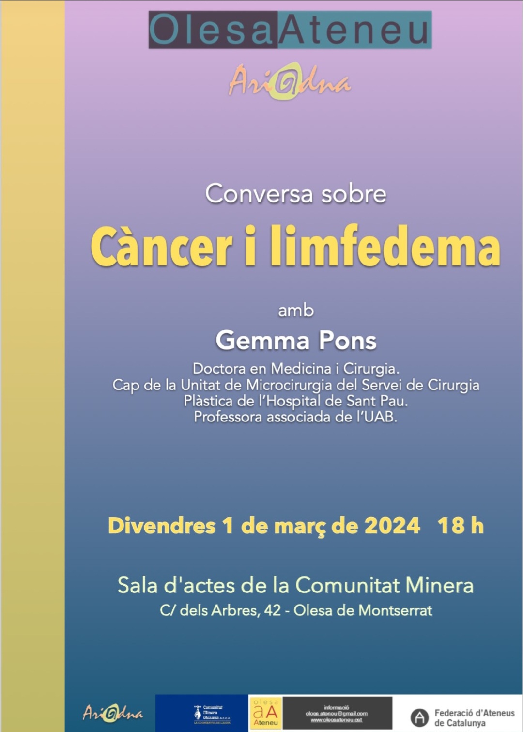 Cartell de la xerrada sobre el càncer i el limfedema 2024