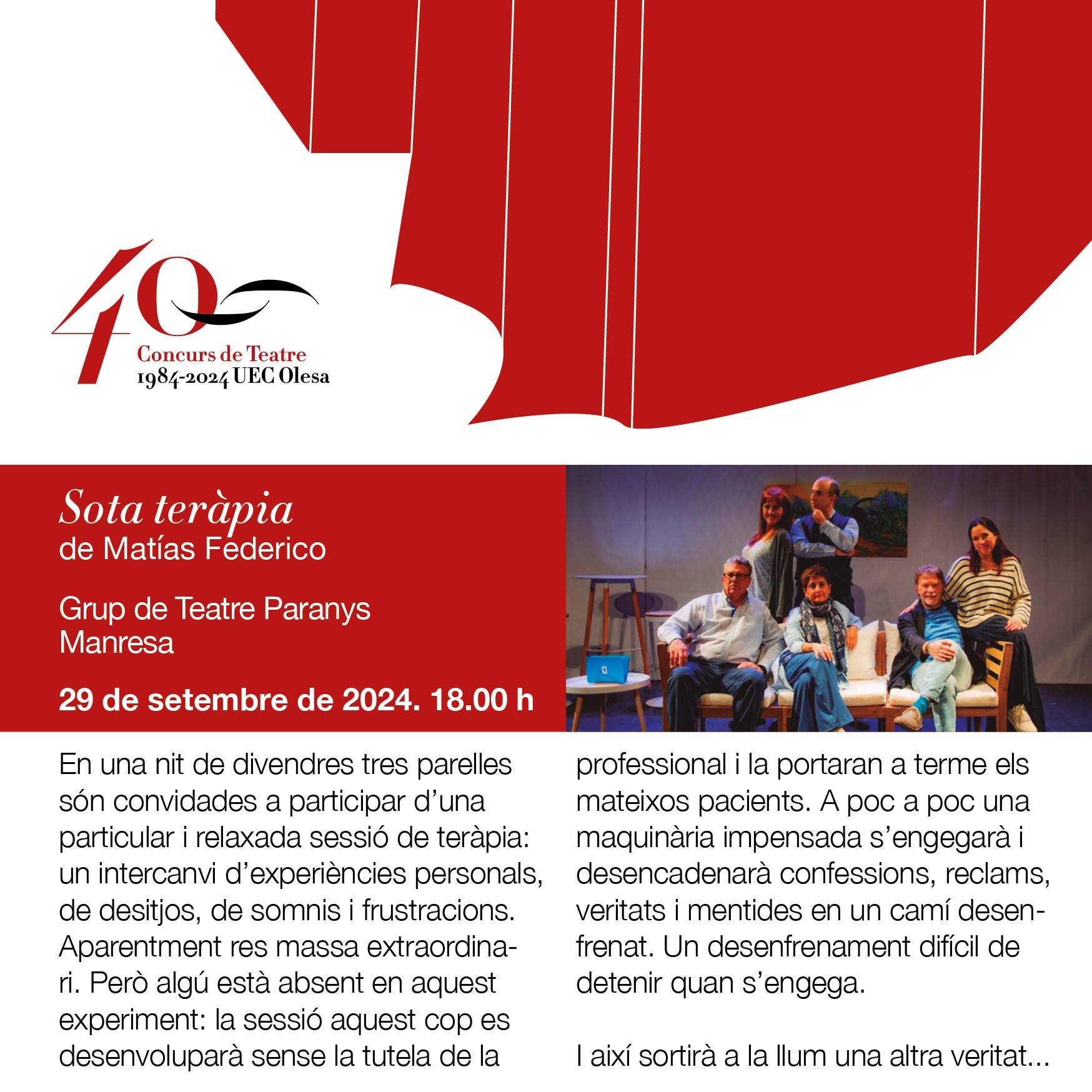 Cartell de l'obra de teatre Sota Teràpia del concurs de teatre Olesa 2024