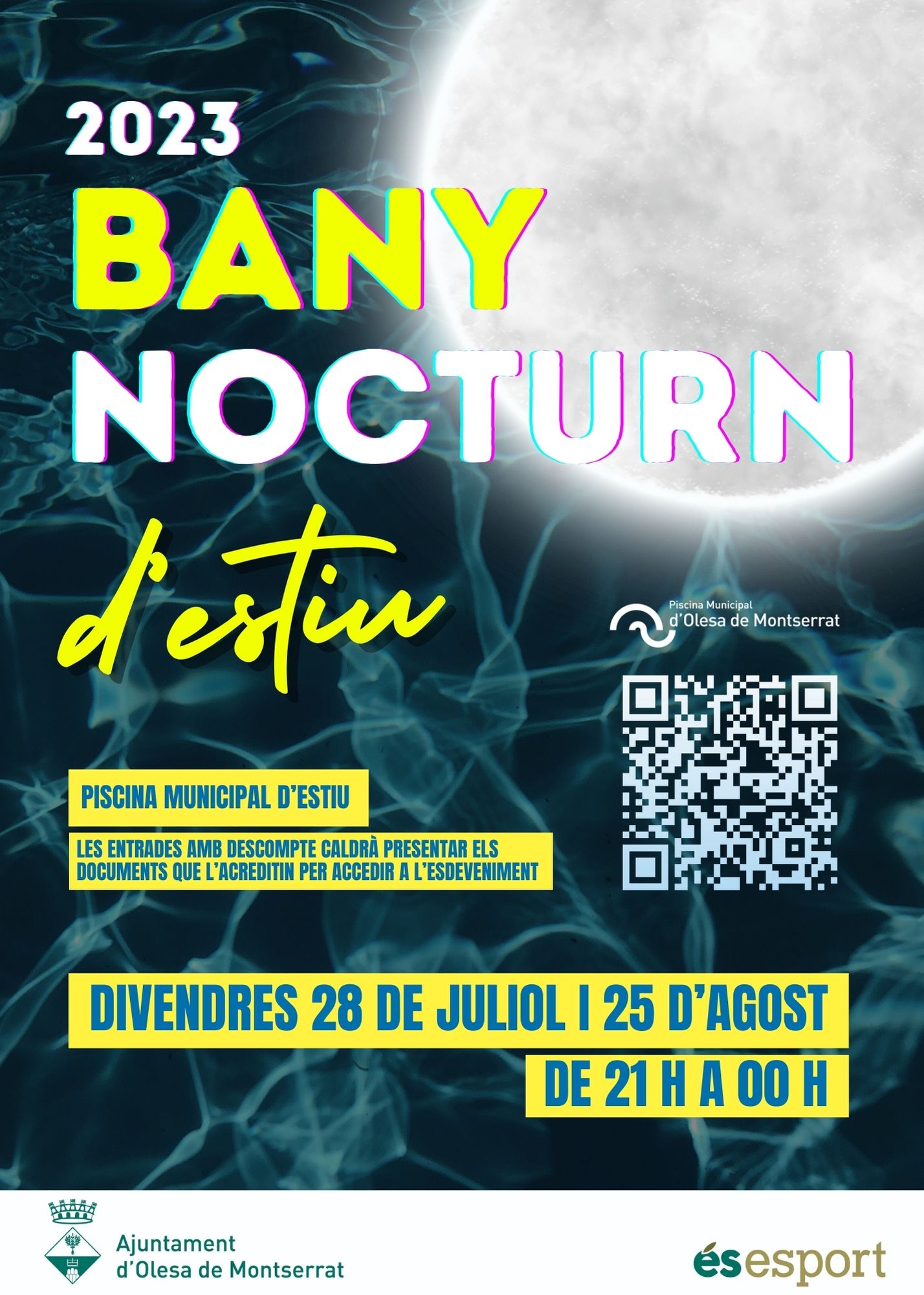 Cartell dels banys nocturns que es duran a terme a la Piscina Municipal d'Estiu el 2023