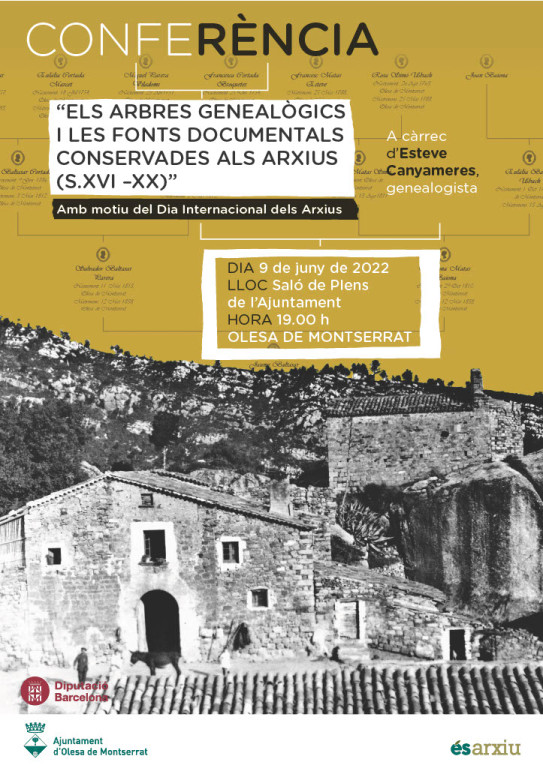 Cartell de la conferència dels arbres genealògics i les fonts documentals conservades als arxius. 