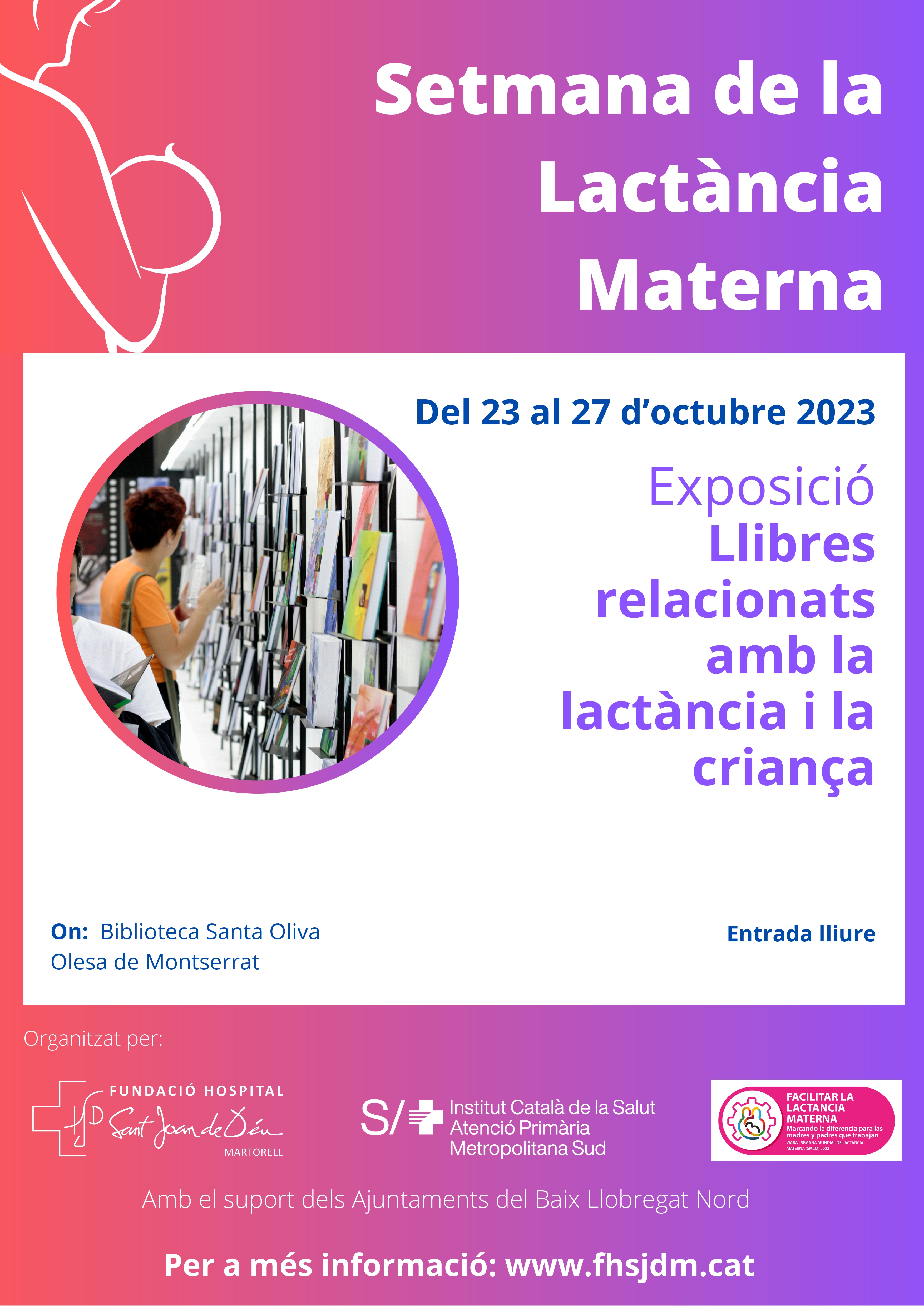 Cartell de l'exposició de llibres amb motiu de la Setmana de la Lactància Materna 2023