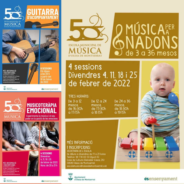 Cartell amb informació i fotografies dels Tallers de Curta Durada de l'Escola de Música