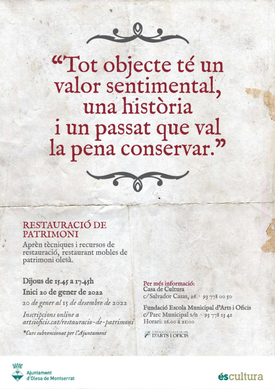 Cartell Restauració de Patrimoni. Tècniques i recursos de restauració. Informació per inscripció