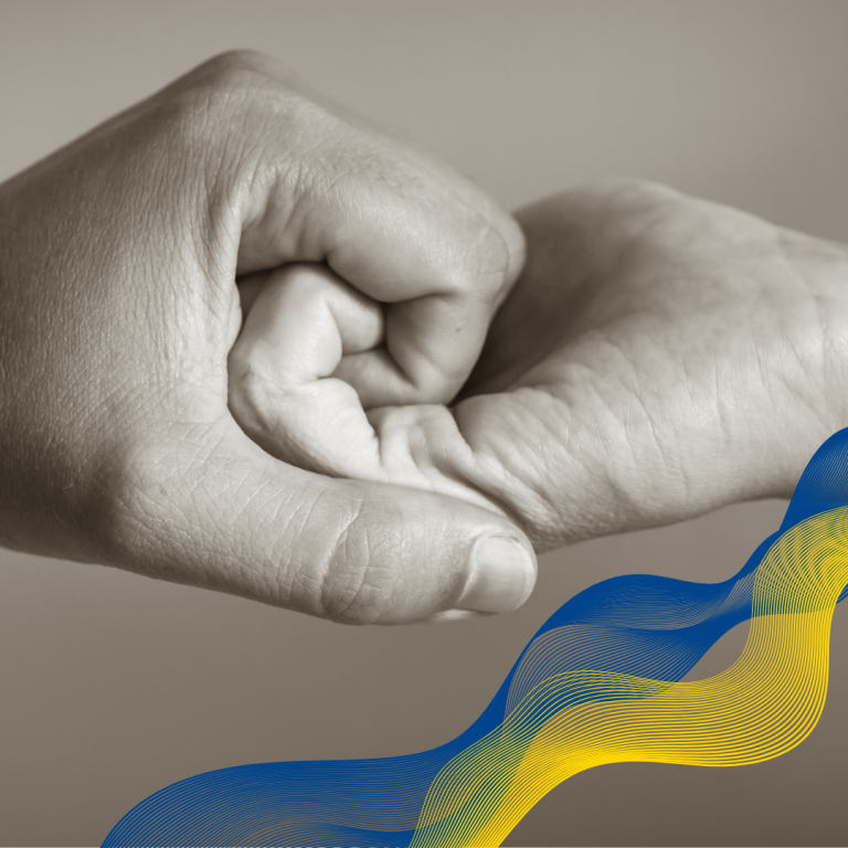 Imatge de dues mans agafades amb unes ones de colors blau i groc en representació d'Ucraïna