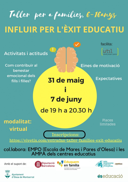 Cartell del taller per a families amb infants de 6 a 16 anys i amb informació del taller